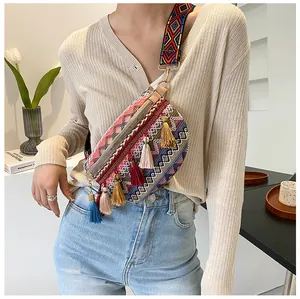 Bohemian lace chest bag with colorful tassels and embroidered wide strap for women