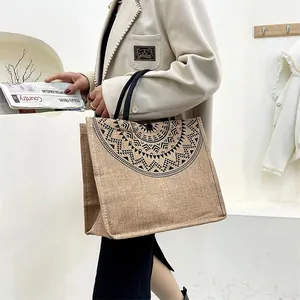 Women Large Capacity Jute Cotton Linen Tote Bag Bohemian Ethnic Printed Handbag Casual Commuting Shopping Shoulder Bag