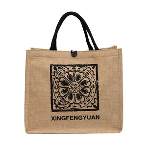 Casual jute tote bag with mandala print and black rope handles for daily shopping