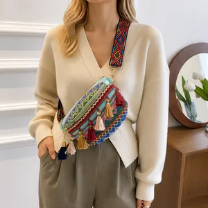 Ethnic style lace chest bag for women with colorful tassels and embroidered strap