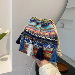 Sac Seau Bohème Ethnique Tissé Pour Femmes Avec Glands Motifs Géométriques Polyester Sac à Bandoulière Pour Les Vacances