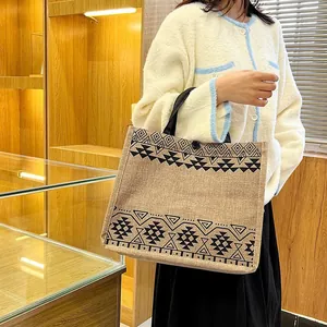 Ethnic linen tote bag with geometric prints and button closure for daily shopping