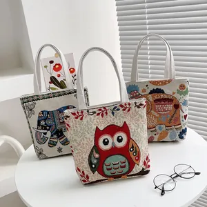 Borsa a Mano in Nylon con Ricamo Etnico Retrò da Donna Moda Cartone Animato Elefante Gufo Piccola Borsa Tote Giornaliera