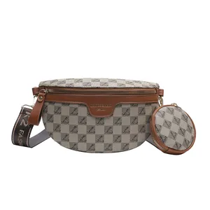 Beige checkerboard crossbody chest bag with small round coin purse and wide strap