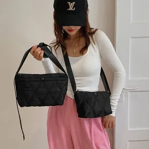 Fashionable black quilted hobo bag set for women with diamond lattice pattern