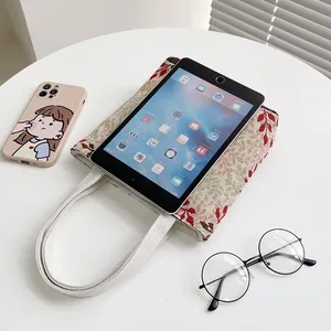 Borsa tote retrò in tela con motivi a foglie e spazio per contenere un tablet