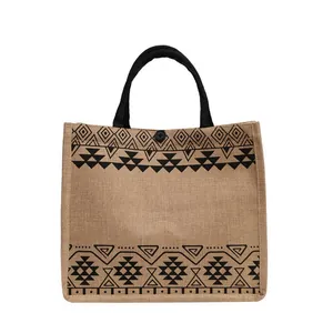 Ethnic jute tote bag with black geometric patterns and large capacity for shopping