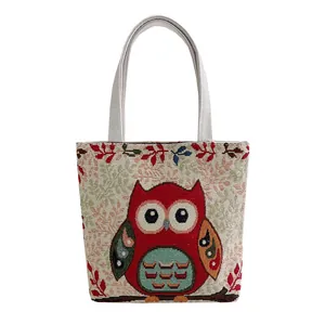 Borsa tote in tela ricamata retrò con motivo a gufo rosso e manici grigi