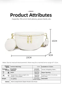 Detaillierte Größenübersicht für weiße Stepp-Gürteltasche mit Maßen 23x8x15cm und Kapazität