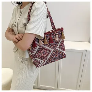 Detailed side view of woven tote bag with bohemian geometric patterns and vibrant tassels
