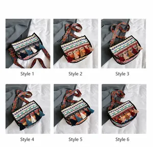 Detailed grid view showing six ethnic style woven crossbody bags with colorful tassels