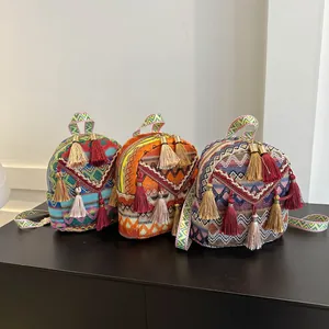 Bohemian Ethnic Style Hand-Woven Mini Shoulder Bag With Colorful Tassels Geometric Pattern For Women Travel Party Accessory