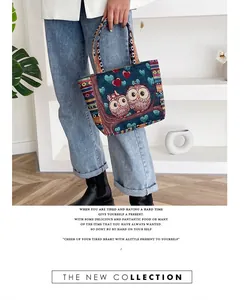 Detailed view of embroidery owls and heart patterns on blue ethnic knitted tote bag