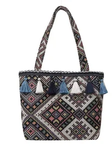 Ethnic style canvas tote bag with bohemian geometric embroidery and colorful tassels