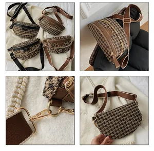 Details von Brusttaschen mit Leopardenmuster, Hahnentrittmuster, Goldketten und Webgurten und Ketten