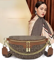Detail of vintage brown monogram waist bag featuring CLN patterns and golden chain links