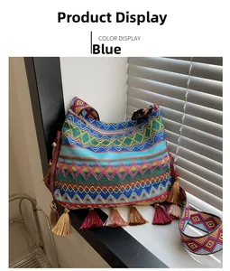 Detail of blue bohemian woven crossbody bag with colorful tassels and wide patterned strap