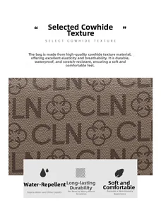 Detailed close-up of water-resistant cowhide texture fabric with floral monogram print