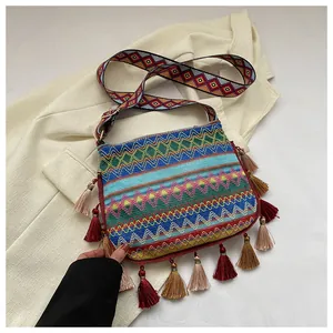 Detailed close-up of woven ethnic crossbody bag featuring colorful patterns and long tassels