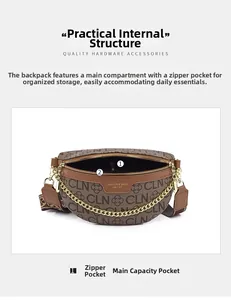 Detail view of the brown chain crossbody bag featuring a zipper pocket and main compartment