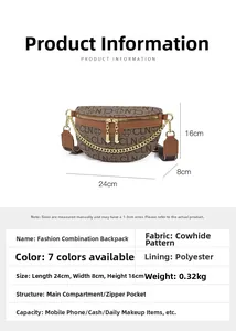 Detailed size chart and internal structure for the leather chain chest bag for women