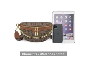 Size comparison of a brown monogram belt bag showing it fits a phone but not an iPad