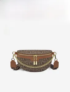 Front detail of brown monogram moon bag with chain and wide adjustable strap