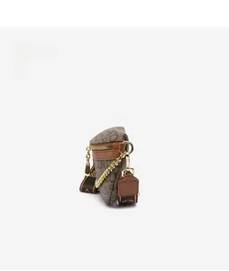 Side view of fashionable monogram belt bag with metal chain and wide textile strap