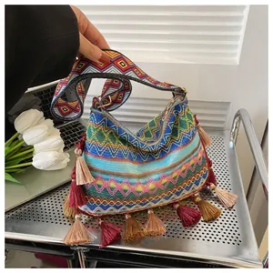 Macro view of Bohemian woven bag detail featuring colorful patterns and long tassels