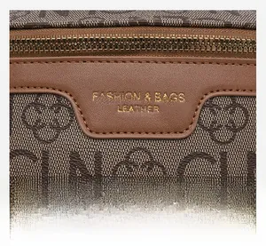 Detail of vintage pattern fabric with embossed fashion leather label and gold zipper