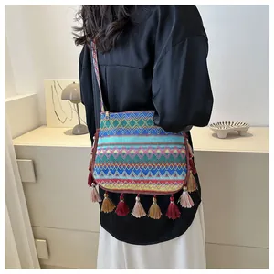 Detail of bohemian ethnic woven crossbody bag with colorful tassels and geometric patterns