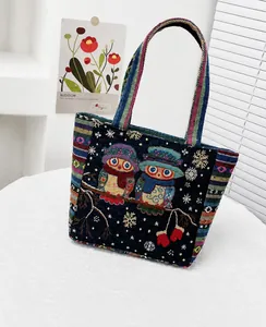 Close-up of embroidered owl patterns on a blue knit tote bag with striped straps
