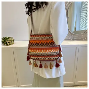 Detail of bohemian crossbody bag showing intricate woven patterns and long fringe tassels