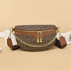 Women Retro Monogram Chain Chest Bag Large Capacity PU Leather Waist Bag Fashion Crossbody Underarm Bag With Wide Strap