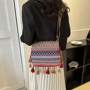 Bohemian Ethnic Style Woven Crossbody Bag For Women Colorful Geometric Pattern Shoulder Bag With Tassels Casual Travel Purse