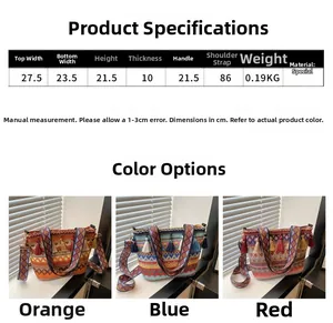 Size chart for ethnic crossbody bag with dimensions, weight, and strap length details