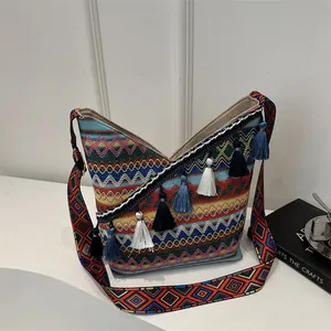 Bohemian Etnische Stijl Canvas Schoudertas Grote Capaciteit Crossbody Tote Bag Met Kwasten Geometrisch Patroon Dames Handtas