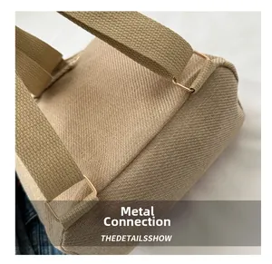 Detail der khakifarbenen Segeltuchtasche mit goldener Metallschnalle und Gurtband