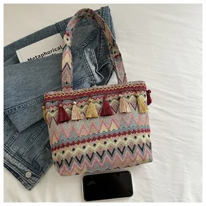 Dettaglio della borsa tote boho tessuta con motivi geometrici colorati e nappe a frangia