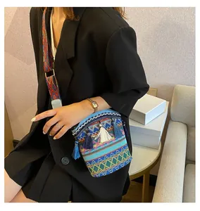 Dettaglio borsa a secchiello etnica intrecciata con motivi geometrici colorati e nappe