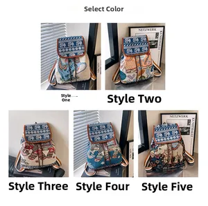 Five styles of bohemian canvas backpacks with ethnic elephant patterns and drawstring closure