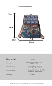 Detailed size specifications of the embroidered elephant canvas backpack with measurements