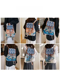 Ethnic embroidered backpack with elephant pattern and drawstring closure shown on model