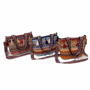 Ethnic bohemian style large capacity square crossbody bag with tassels and woven straps