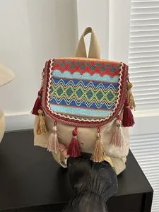 Ethno Stil Bohemian Webrucksack Damen Quaste Bestickt Segeltuch Reisetasche Geometrisches Muster Mini Tagesrucksack Nischendesign