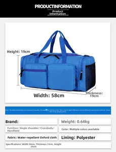 Dimensions détaillées du sac de voyage bleu étanche avec 58 cm de long et 0,64 kg de poids