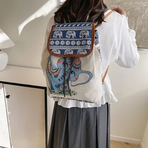 Detail of embroidered elephant pattern on ethnic style woven backpack with drawstring