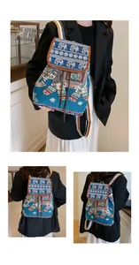 Detail of blue jacquard ethnic backpack with white elephant patterns and woven straps