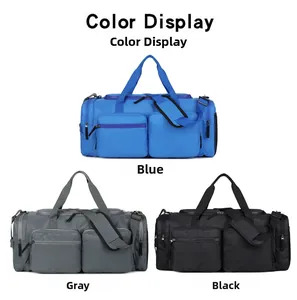 Trois sacs de sport bleu, gris et noir avec séparation humide-sec et bandoulière réglable