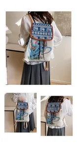 Detail view of ethnic elephant embroidery and tricolor striped strap on cotton backpack